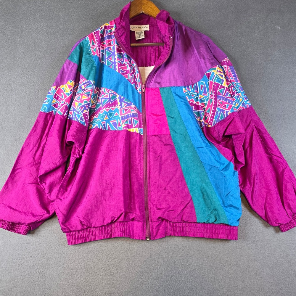 John Henry Windbreaker Women Large Magenta Vintage Colorblock Geometric
